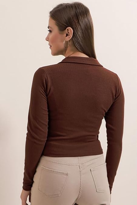 Dream Beauty Fashion Women's Collared Neck Long Sleeve Slim Fit Casual Tee Top