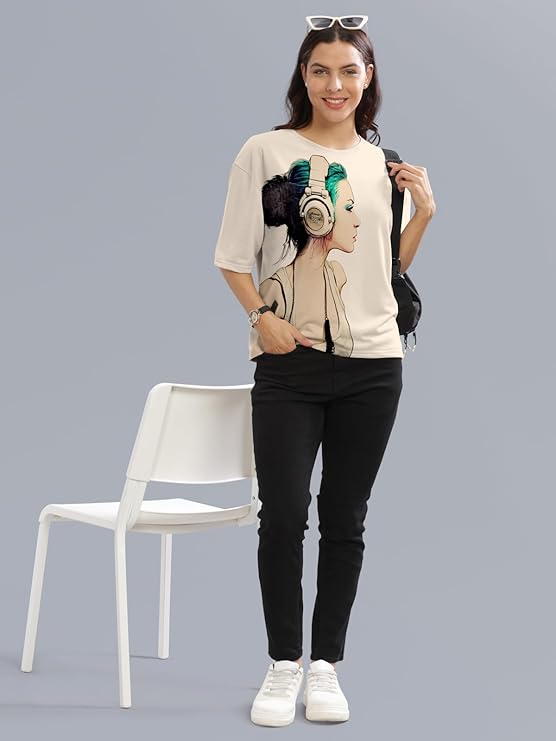 HELLCAT Beige Printed Loose Fit Crew-Neck Crop T-Shirt for Women