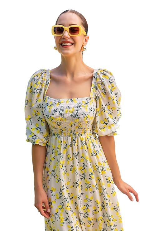 Women's Maxi Floral Print Crepe Puff Sleeves Casual Dress