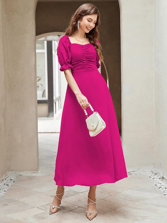 Shasmi Girl's & Women's Solid A-Line Ruched Puff Sleeve Maxi Long Evening One Piece Long Dress for Women Stylish