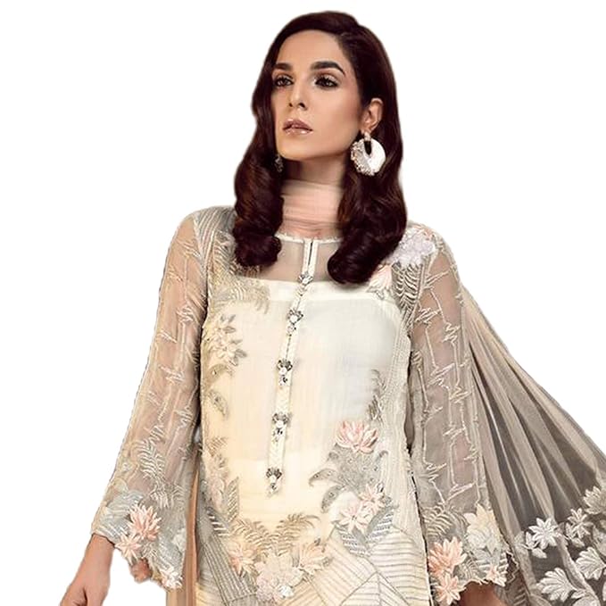 Miss Ethnik Women's Pakistani Suit Off-White Faux Georgette Semi Stitched Top With Unstitched Santoon Bottom and Net Dupatta Embroidered Straight Kurta Dress Material