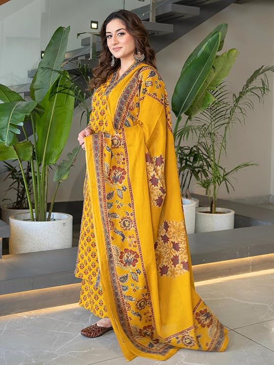 Arayna Women's Pure Cotton Block Printed Ethnic Wear Kurta Set with Palazzo Pants & Dupatta