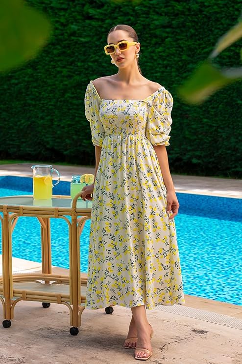 Women's Maxi Floral Print Crepe Puff Sleeves Casual Dress