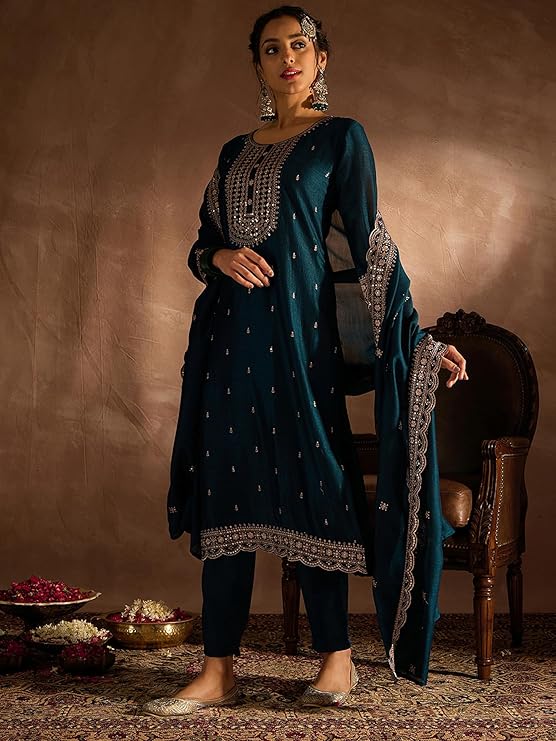 INDO ERA Women's Embroidered Silk Blend Calf Length Straight Kurta Pant And Dupatta Set