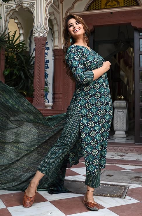 LookMark Printed Cotton Blend Straight Kurta Pant Dupatta Set-Stylish Ethnic Wear for Women