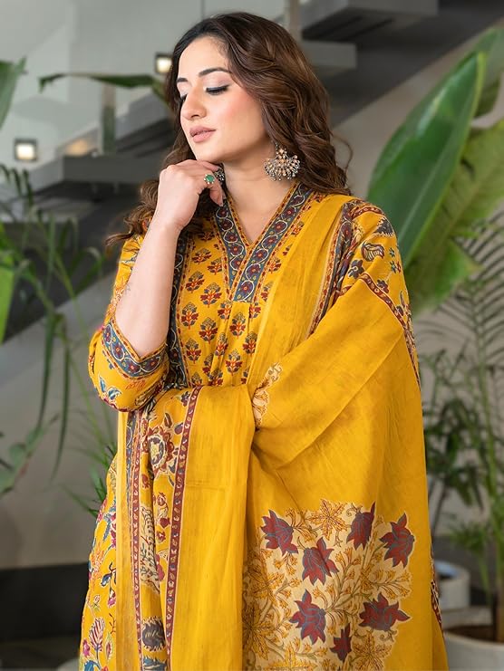 Arayna Women's Pure Cotton Block Printed Ethnic Wear Kurta Set with Palazzo Pants & Dupatta