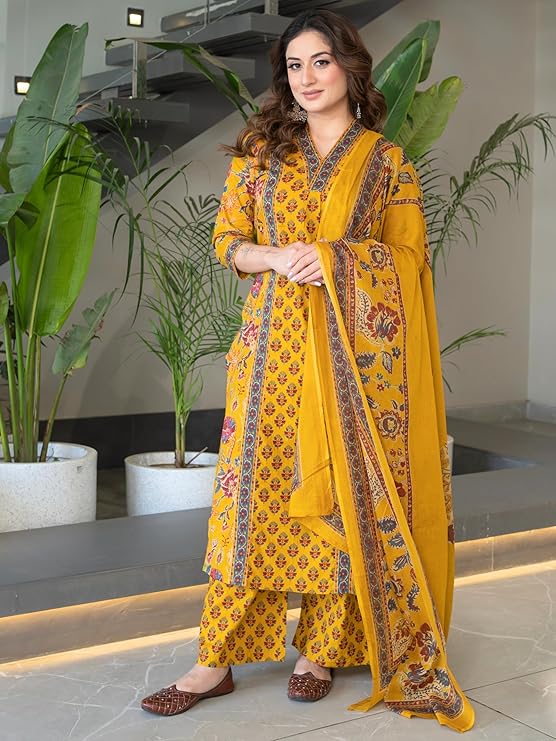Arayna Women's Pure Cotton Block Printed Ethnic Wear Kurta Set with Palazzo Pants & Dupatta