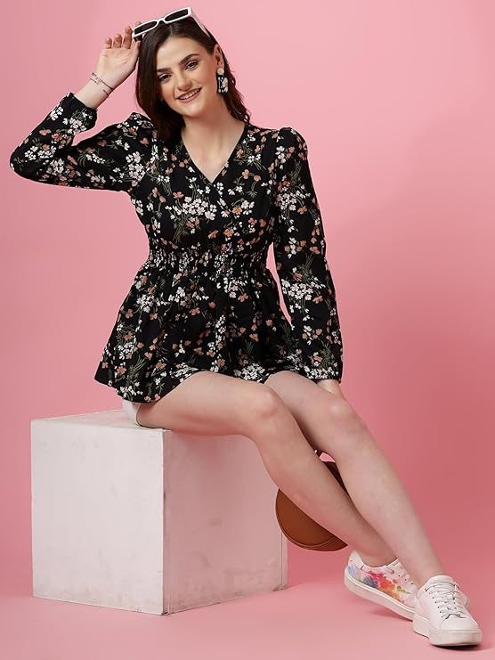 Sheetal Associates Women's Casual Puff Sleeves Floral Print Peplum Top