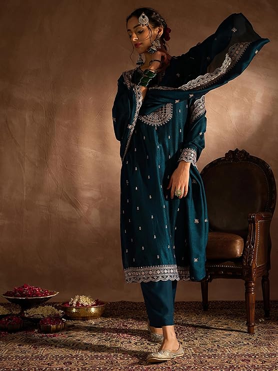 INDO ERA Women's Embroidered Silk Blend Calf Length Straight Kurta Pant And Dupatta Set