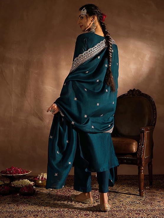 INDO ERA Women's Embroidered Silk Blend Calf Length Straight Kurta Pant And Dupatta Set