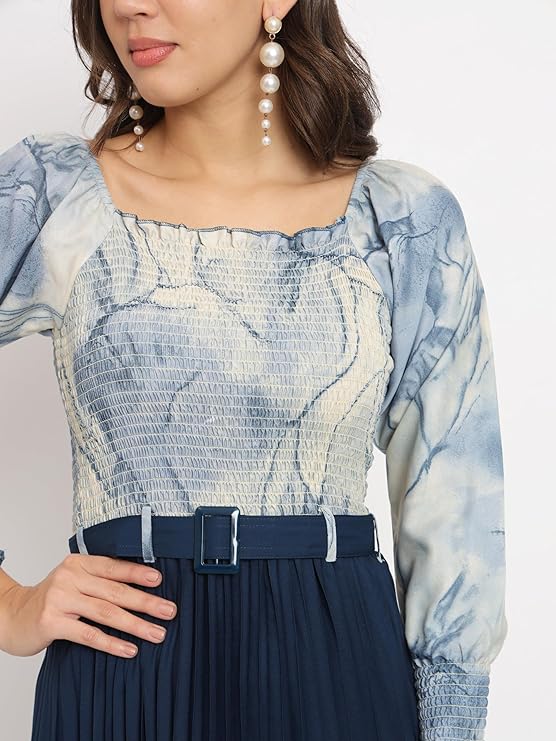 KZULLY | Women A-line Dress with Pleats, has an Square Neck, Printed Top Comes with a Belt