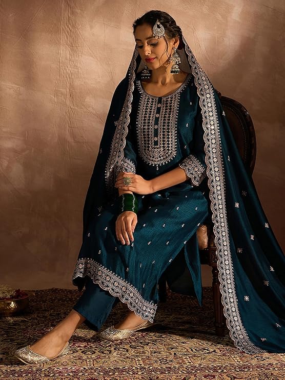 INDO ERA Women's Embroidered Silk Blend Calf Length Straight Kurta Pant And Dupatta Set