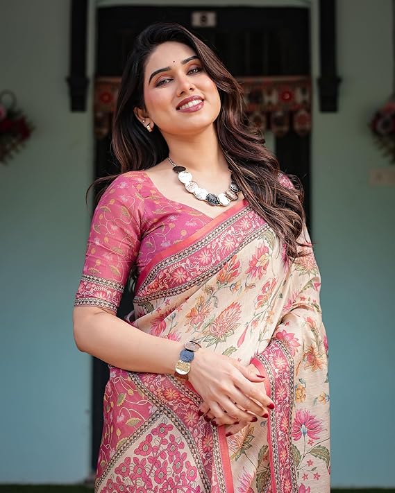 ALMAARI FASHION Traditional Cotton Silk Saree for Women with Floral Print, Pink Border, Tassels and Blouse Piece, Designer Saree, 5.5 Metres Off-White