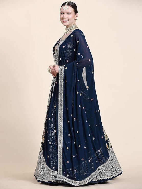 Zeel Clothing Womens Georgette Lehenga Choli Semi-Stitched Blue Wedding Bridal Free Size