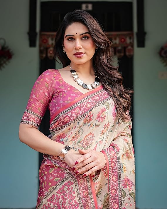 ALMAARI FASHION Traditional Cotton Silk Saree for Women with Floral Print, Pink Border, Tassels and Blouse Piece, Designer Saree, 5.5 Metres Off-White