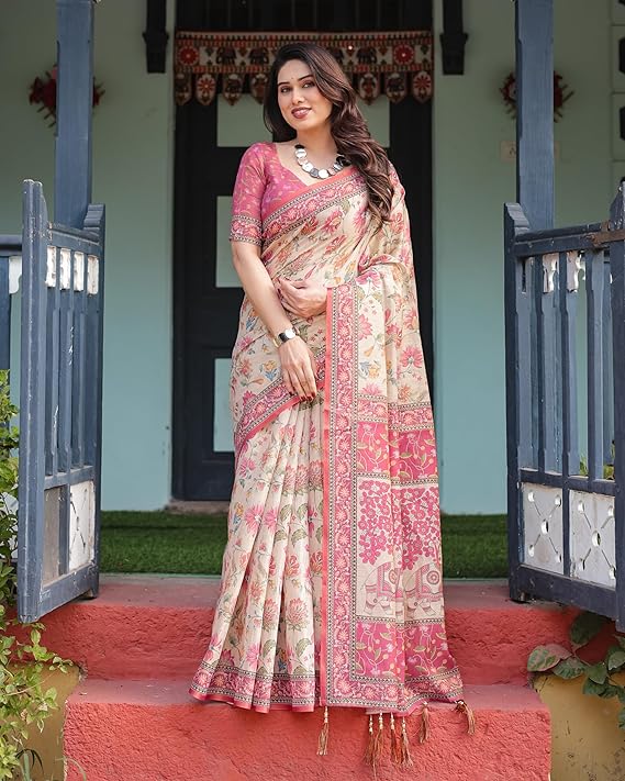 ALMAARI FASHION Traditional Cotton Silk Saree for Women with Floral Print, Pink Border, Tassels and Blouse Piece, Designer Saree, 5.5 Metres Off-White