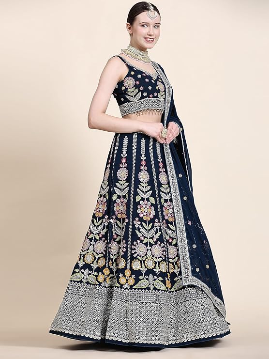 Zeel Clothing Womens Georgette Lehenga Choli Semi-Stitched Blue Wedding Bridal Free Size