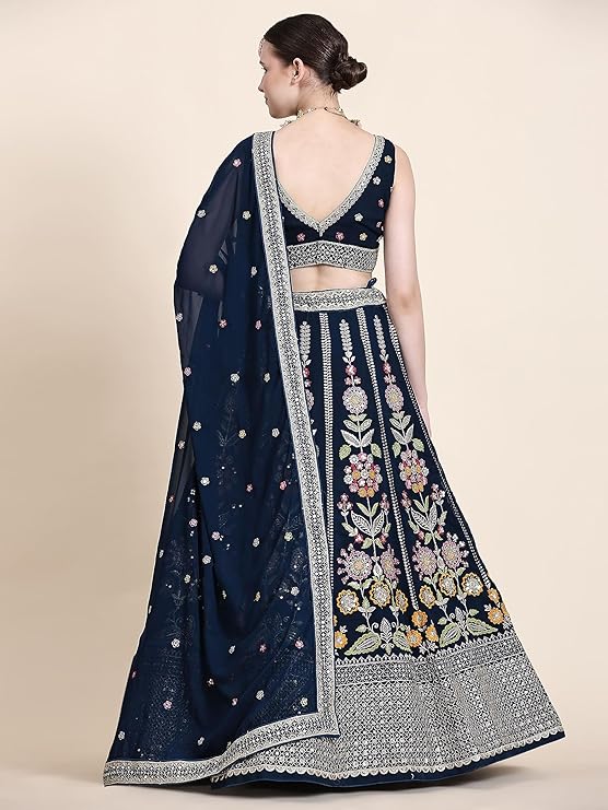 Zeel Clothing Womens Georgette Lehenga Choli Semi-Stitched Blue Wedding Bridal Free Size