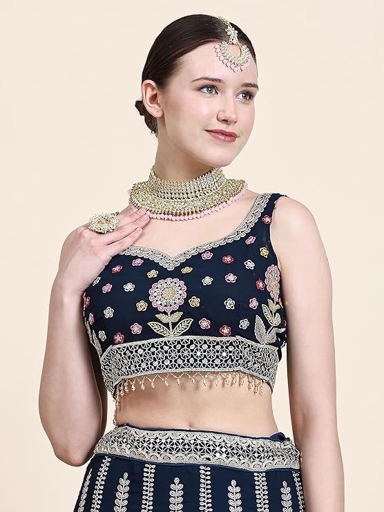 Zeel Clothing Womens Georgette Lehenga Choli Semi-Stitched Blue Wedding Bridal Free Size