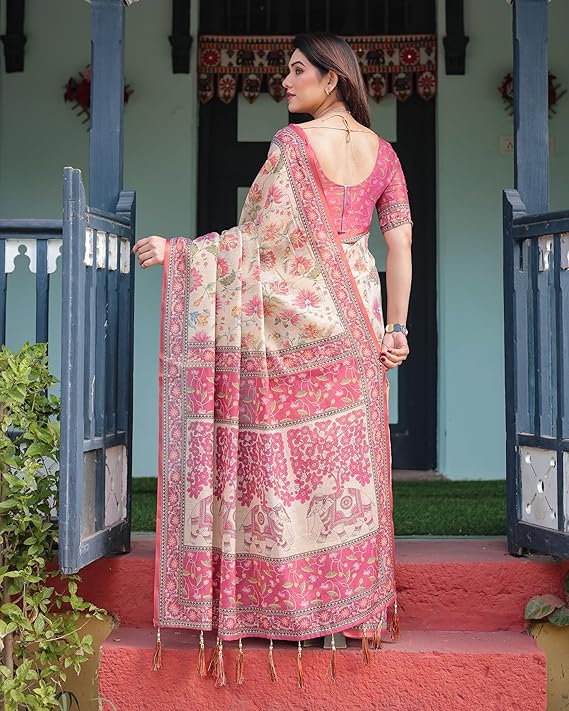 ALMAARI FASHION Traditional Cotton Silk Saree for Women with Floral Print, Pink Border, Tassels and Blouse Piece, Designer Saree, 5.5 Metres Off-White