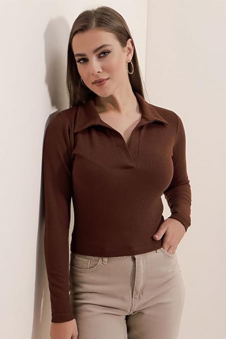 Dream Beauty Fashion Women's Collared Neck Long Sleeve Slim Fit Casual Tee Top
