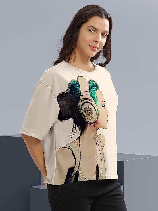 HELLCAT Beige Printed Loose Fit Crew-Neck Crop T-Shirt for Women