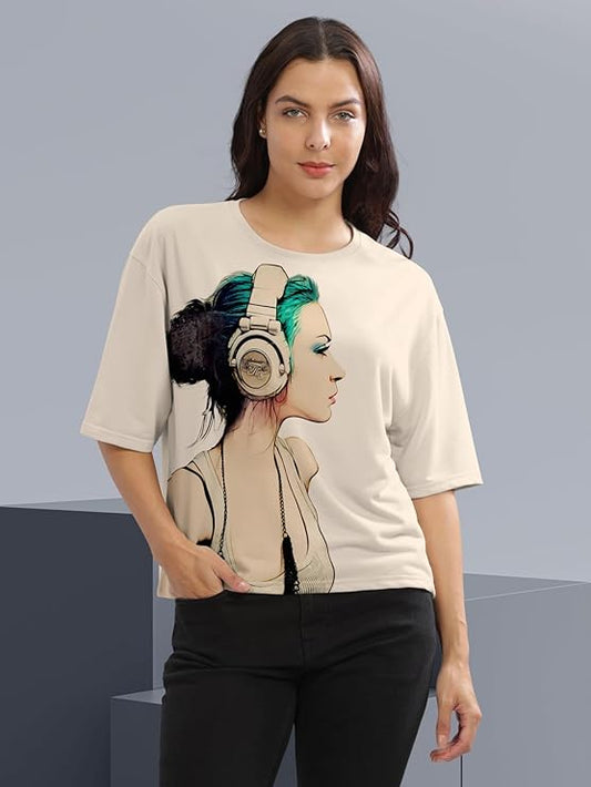 HELLCAT Beige Printed Loose Fit Crew-Neck Crop T-Shirt for Women