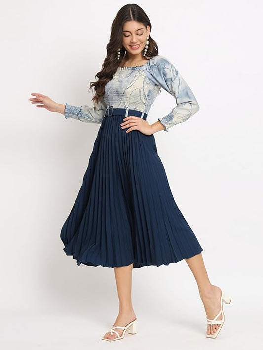KZULLY | Women A-line Dress with Pleats, has an Square Neck, Printed Top Comes with a Belt
