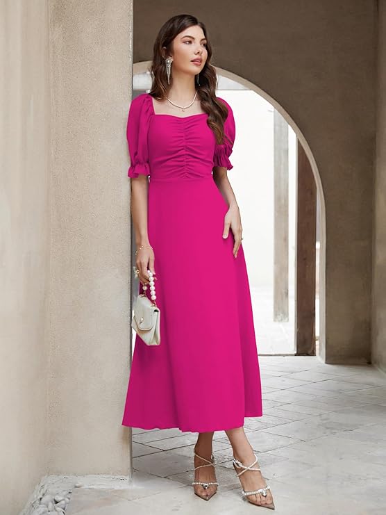 Shasmi Girl's & Women's Solid A-Line Ruched Puff Sleeve Maxi Long Evening One Piece Long Dress for Women Stylish