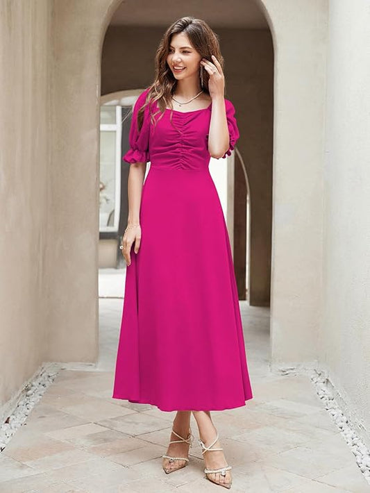 Shasmi Girl's & Women's Solid A-Line Ruched Puff Sleeve Maxi Long Evening One Piece Long Dress for Women Stylish