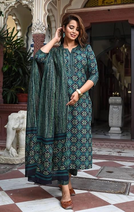 LookMark Printed Cotton Blend Straight Kurta Pant Dupatta Set-Stylish Ethnic Wear for Women