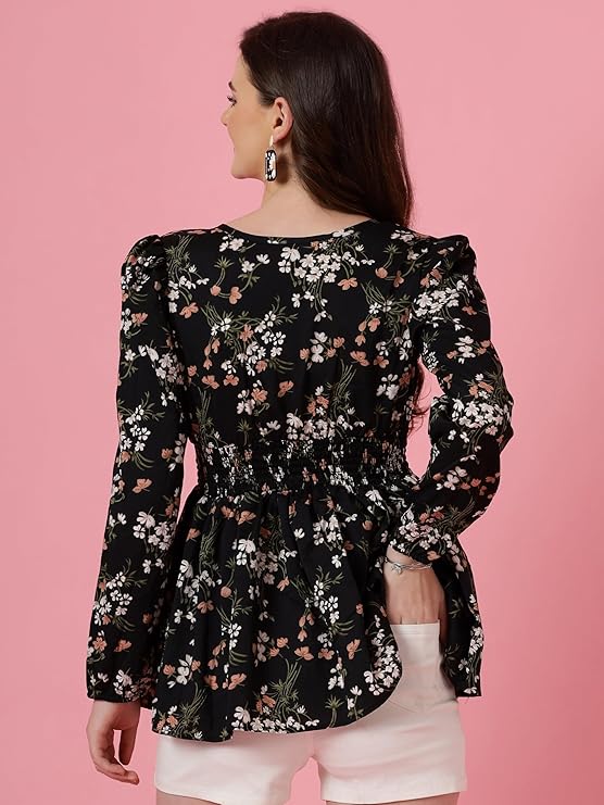 Sheetal Associates Women's Casual Puff Sleeves Floral Print Peplum Top