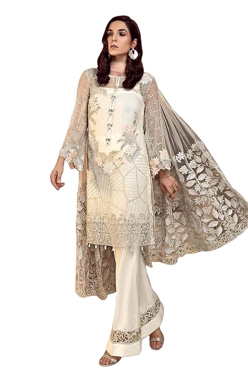 Miss Ethnik Women's Pakistani Suit Off-White Faux Georgette Semi Stitched Top With Unstitched Santoon Bottom and Net Dupatta Embroidered Straight Kurta Dress Material