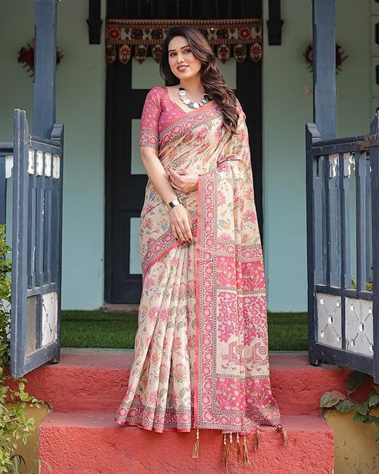 ALMAARI FASHION Traditional Cotton Silk Saree for Women with Floral Print, Pink Border, Tassels and Blouse Piece, Designer Saree, 5.5 Metres Off-White
