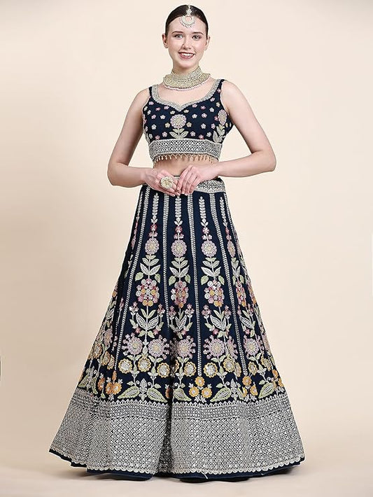 Zeel Clothing Womens Georgette Lehenga Choli Semi-Stitched Blue Wedding Bridal Free Size