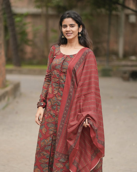 Elegant Maroon Cotton Kurti with Dupatta Set | Leaf Print Ethnic Wear for Women